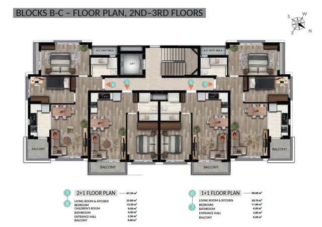 De Mare · Blocks B–C · Floors 2–3